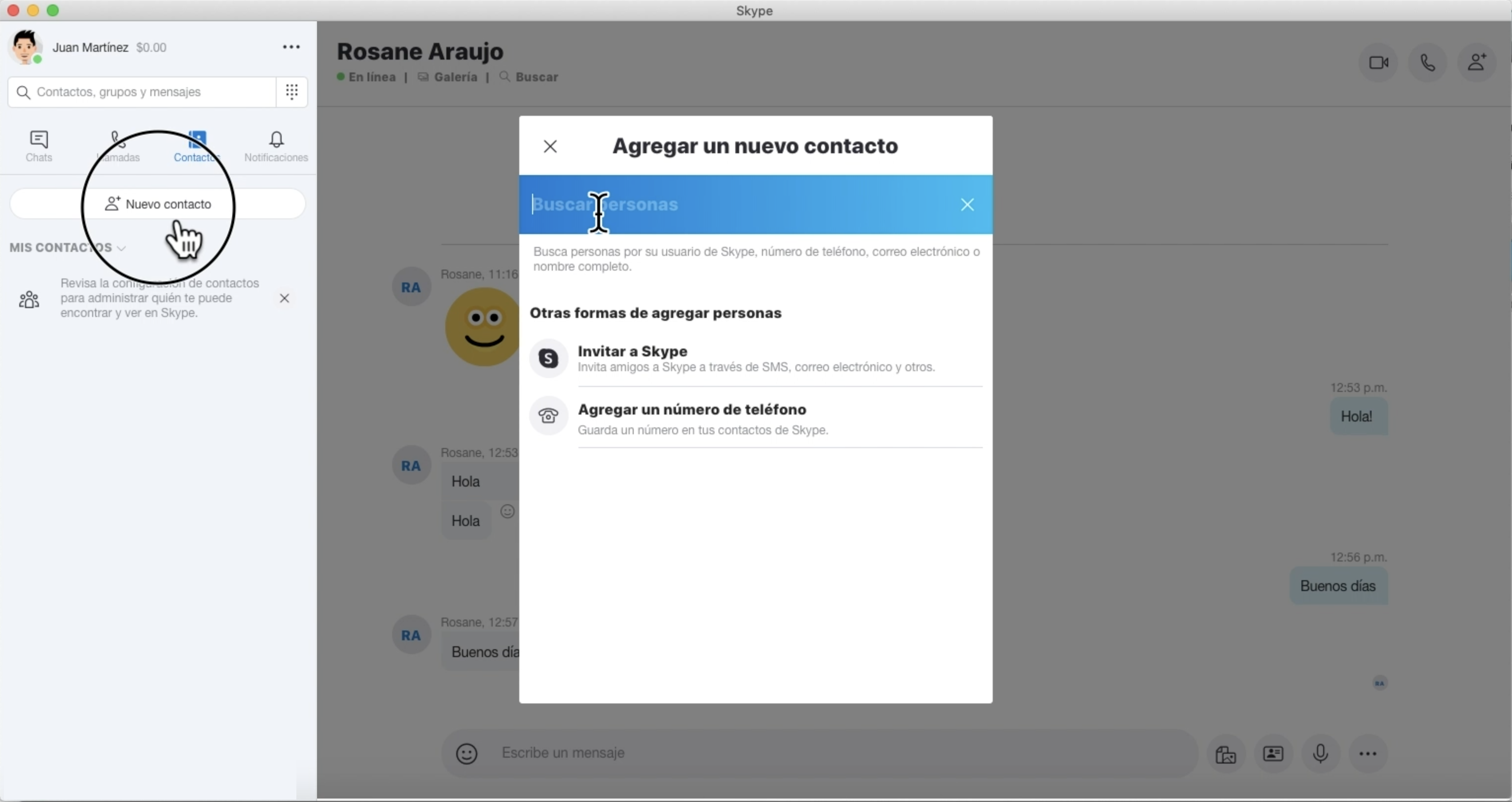 Hacer clic en botón nuevo contacto para agregar un contacto a skype